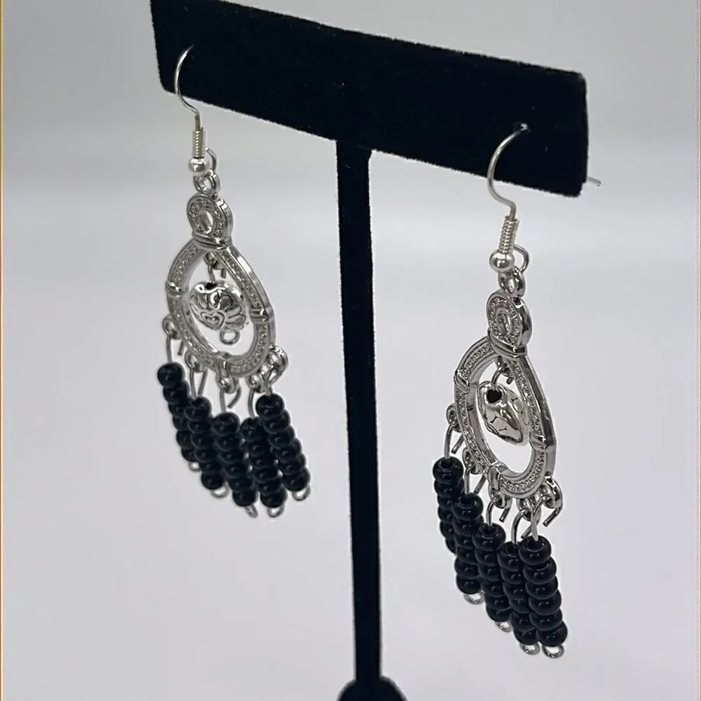 Silver-tone Homemade Dangling Chandelier Earrings with Black Beads